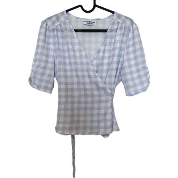 Charlie Holiday Juniper Wrap Tie Top in Lilac Gingham Size 4 - Picture 2 of 8